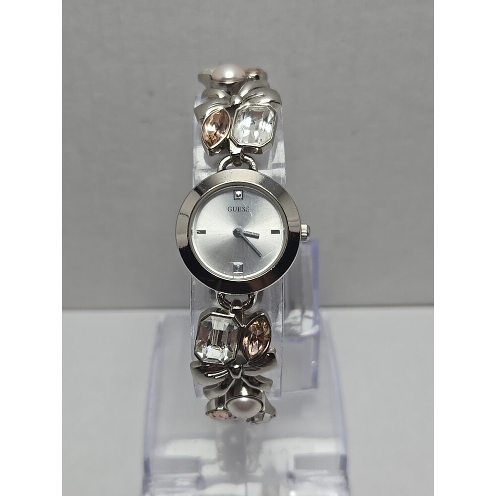 Womens Guess Pink Marquise Crystal Pearls Bows Silver Bracelet Watch New Battery